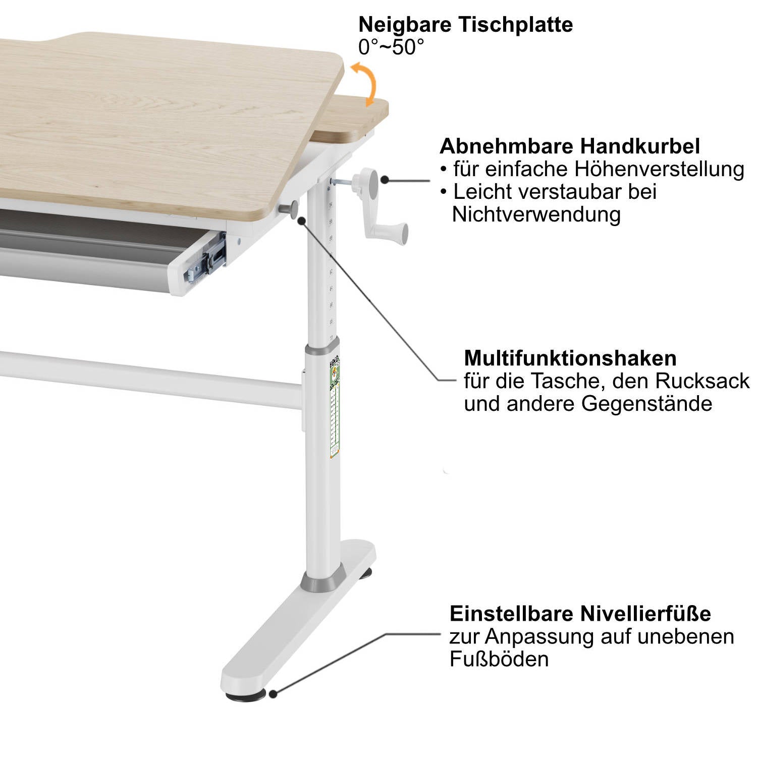 LUCA - manuell höhenverstellbar Kinderschreibtisch in Holzoptik 100 x 60cm mit neigbarer Tischplatte