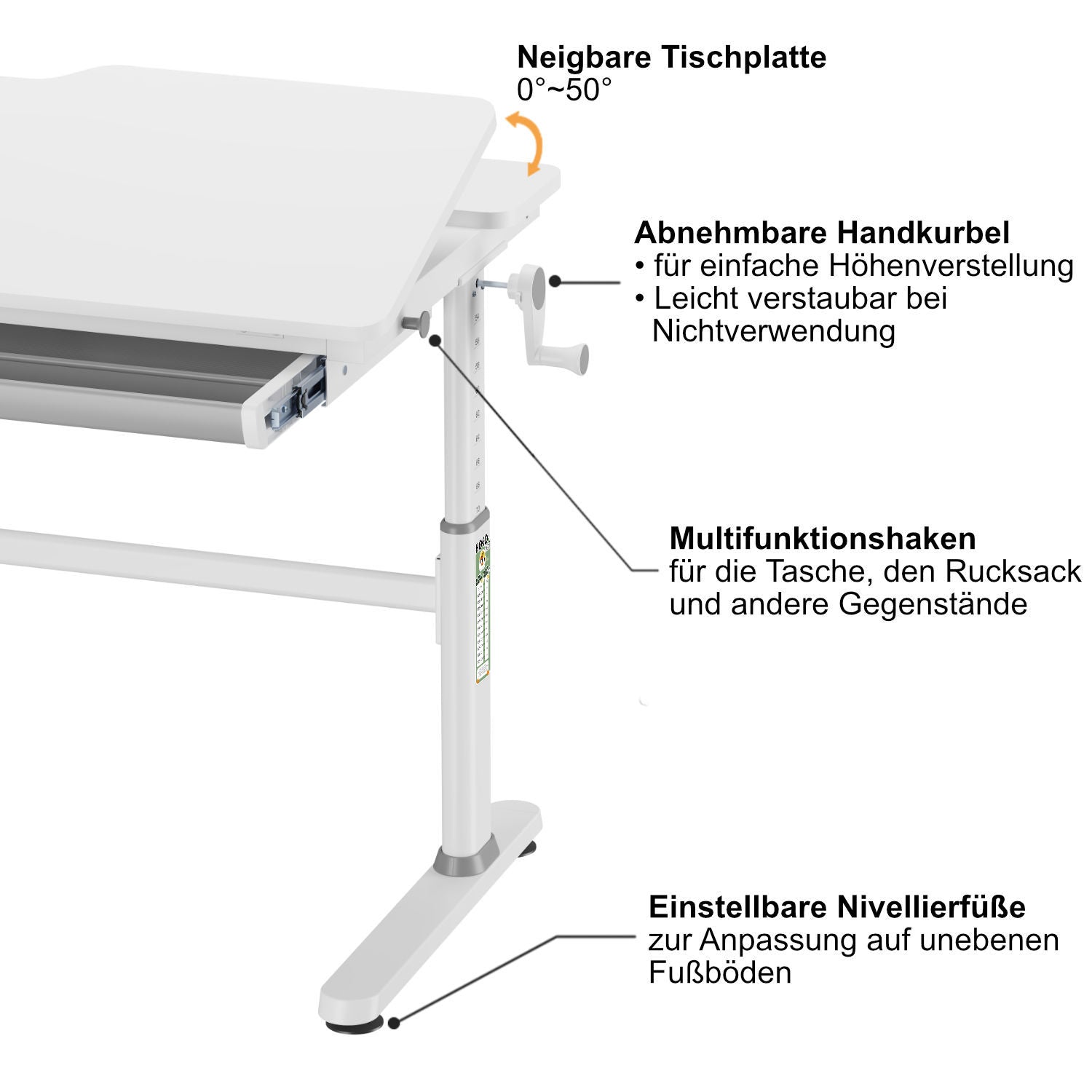 JANA - manuell höhenverstellbar Schülerschreibtisch in Weiß 100 x 60cm mit neigbarer Tischplatte