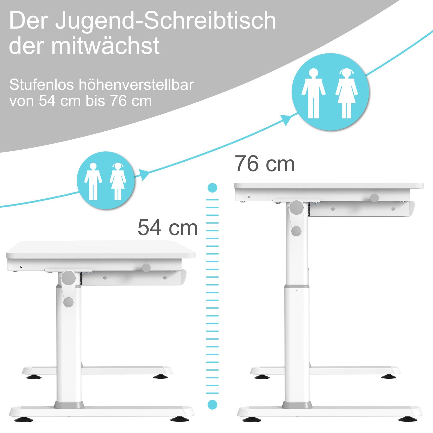 JANA - manuell höhenverstellbar Schülerschreibtisch in Weiß 100 x 60cm mit neigbarer Tischplatte