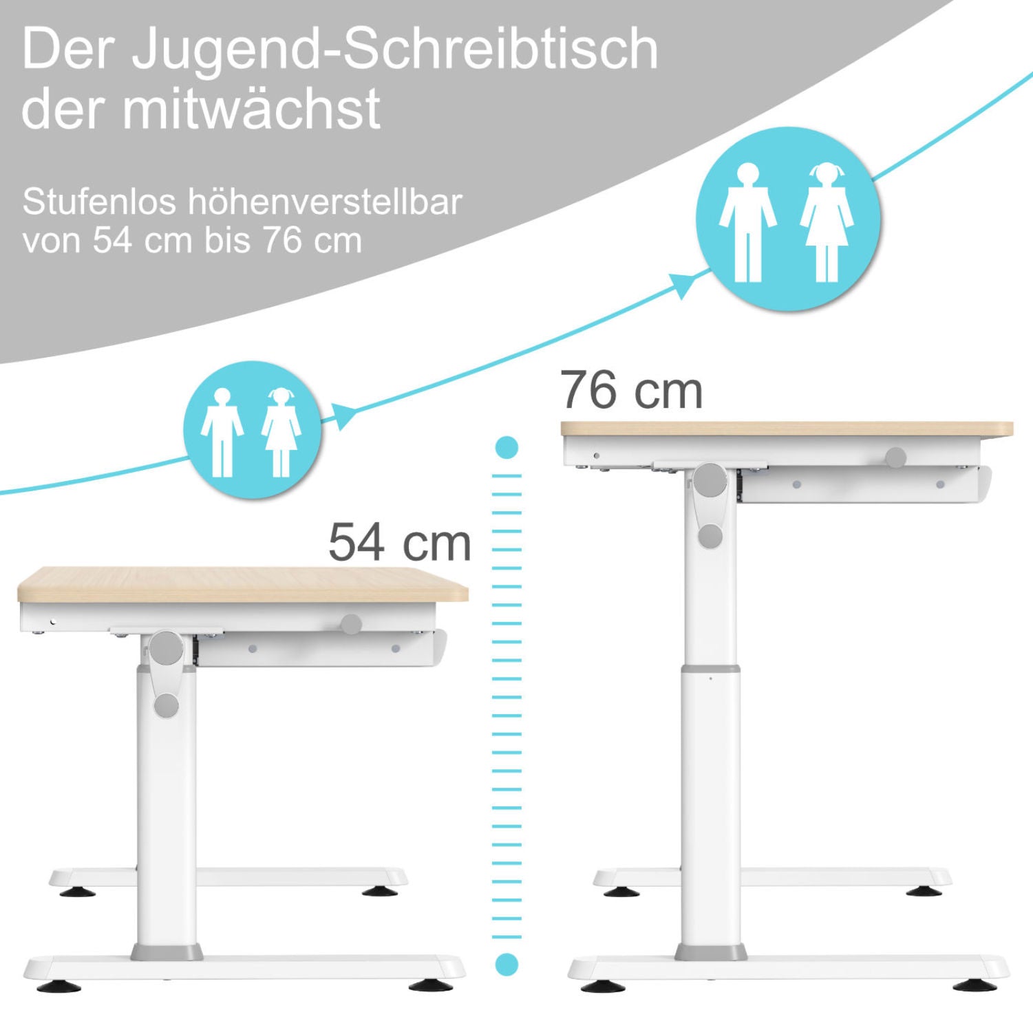 LUCA - manuell höhenverstellbar Kinderschreibtisch in Holzoptik 100 x 60cm mit neigbarer Tischplatte