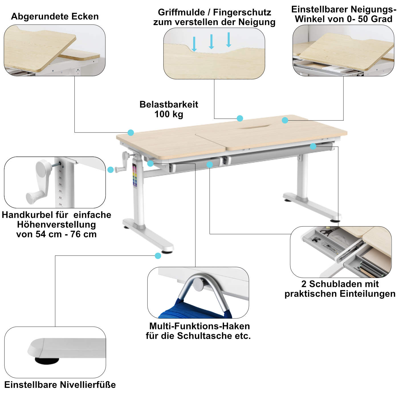 manuell Höhenverstellbar Kinder-Schreibtisch, Verstellbarer Tischplatte, Kinderzimmer Schreibtisch, groß, Holz, Tischaufsatz